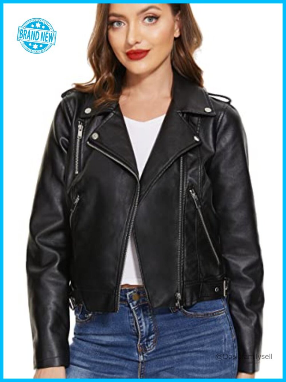 Faux Leather Moto Jacket Biker Zip Utility Pocket Fitted
